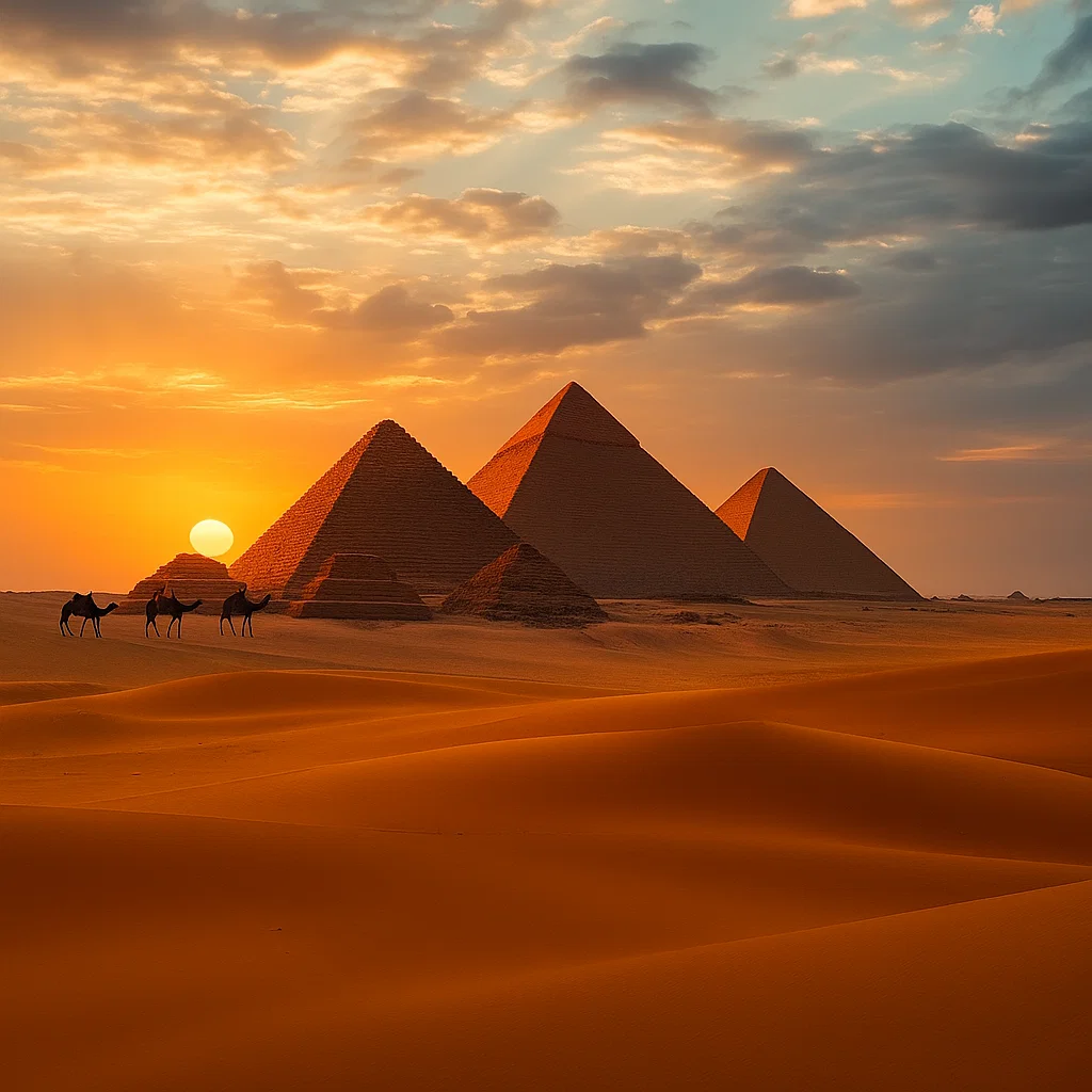Magnificent Egyptian pyramids at sunset with golden sand dunes, dramatic sky, camels silhouette, cinematic photography